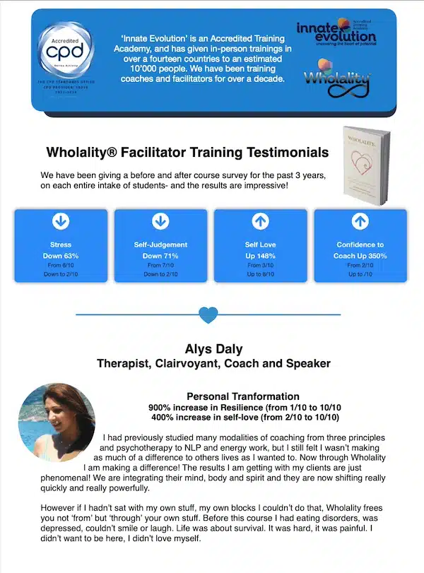 Wholality coach success testimonial highlighting client impact and business growth